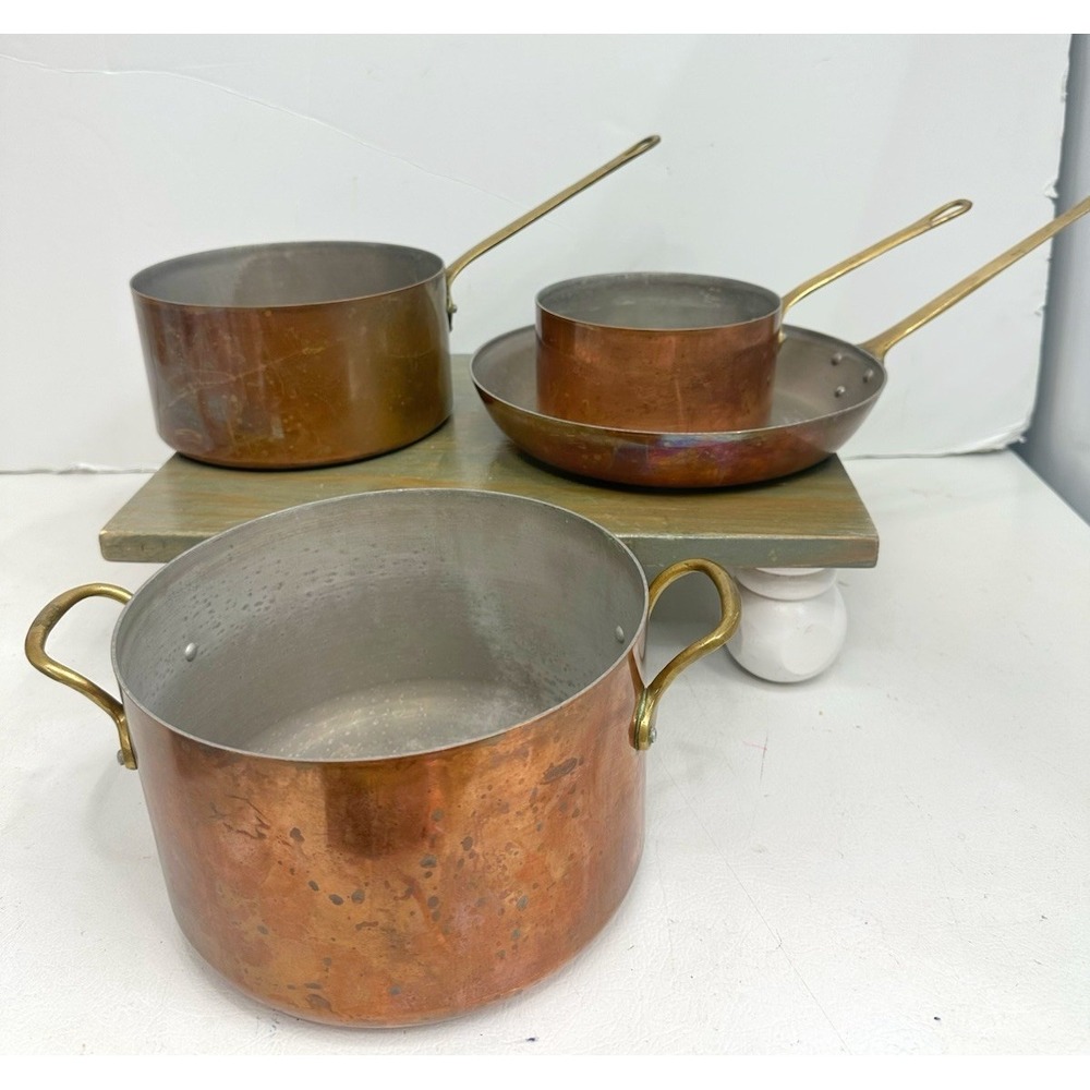 Vintage 4 Pc Set Graduating Copper Pot Brass Handles Tin Lined Made In France